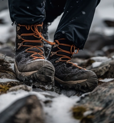 Person vandrer i bjerge i vaadt efteraar med komfortable natur-sko