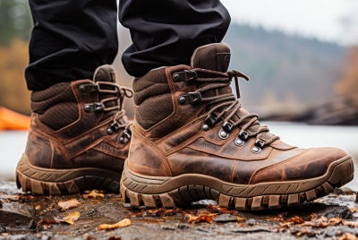 Naerbillede af person i brune og beige snoerestoevler, forstaerkede arbejdsstoevler