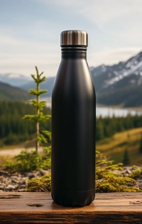 Slidstærk Vandflaske med Filter fra Rugged Wild stående på en træstub med udsigt over bjerge, skov og sø i baggrunden